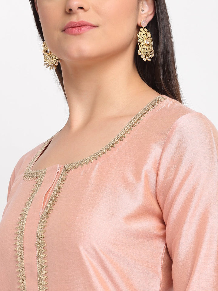 anokherang Combos Peach Petal Straight Kurti with Pants and Printed Dupatta