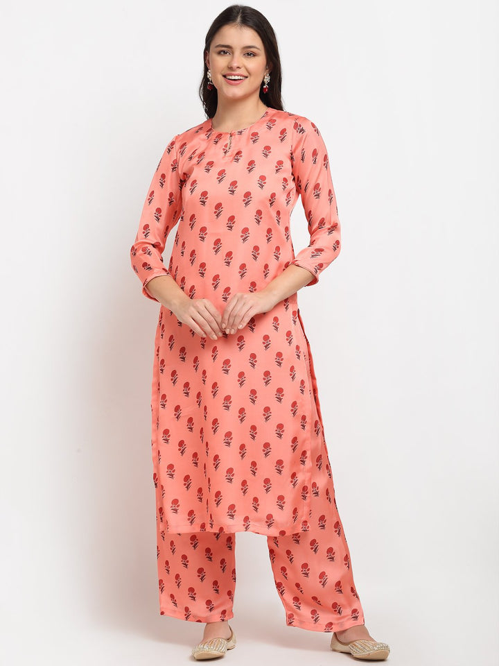 anokherang Combos Peach Punch Floral Printed Kurti with Straight Palazzo