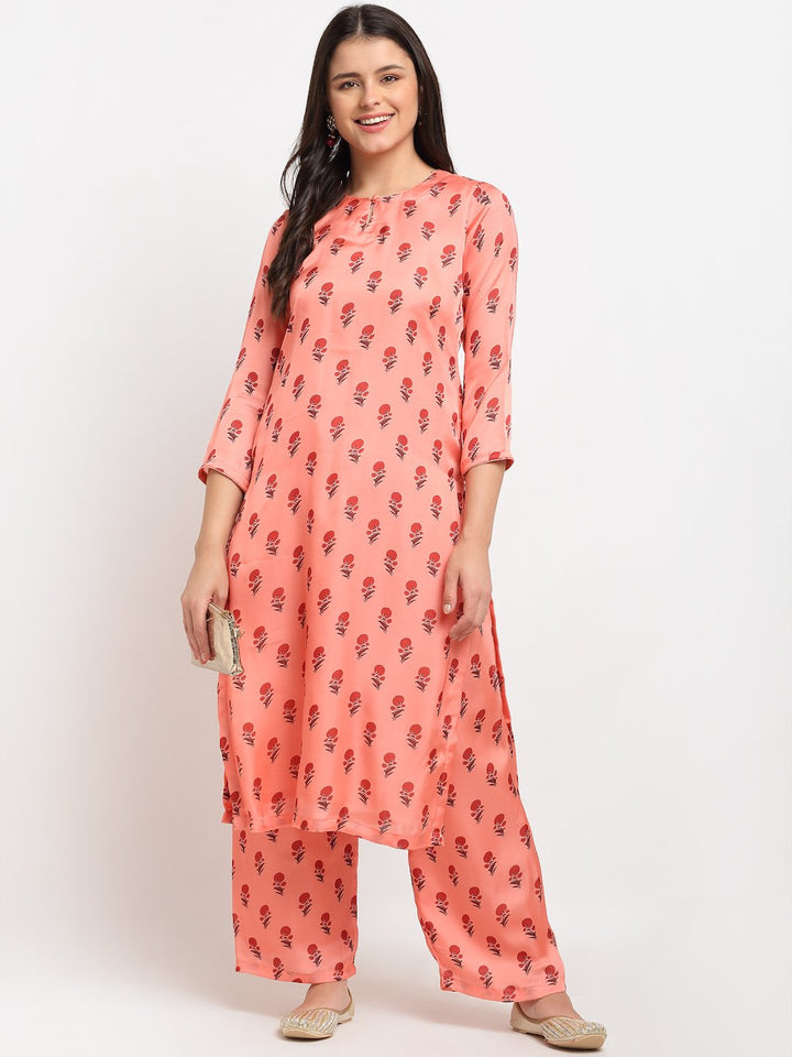 anokherang Combos Peach Punch Floral Printed Kurti with Straight Palazzo