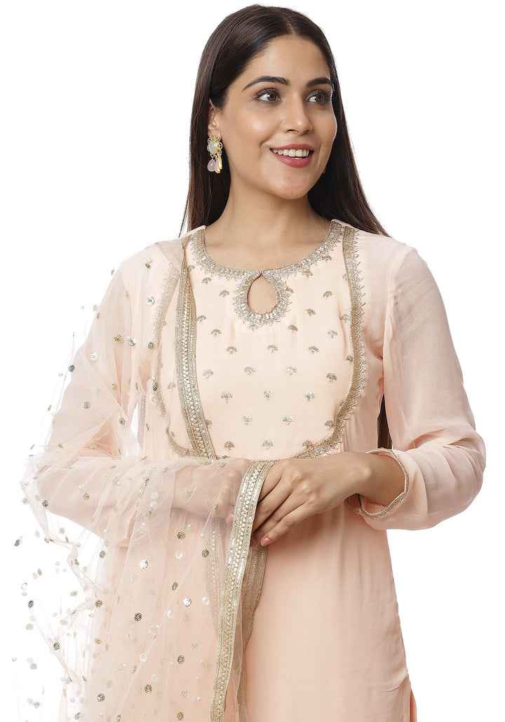 anokherang Combos Peach Sequin Yoke Kurti with Sequence Palazzo and Sequined Net Dupatta