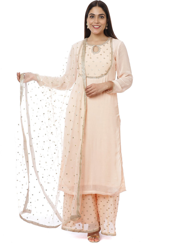 anokherang Combos Peach Sequin Yoke Kurti with Sequence Palazzo and Sequined Net Dupatta