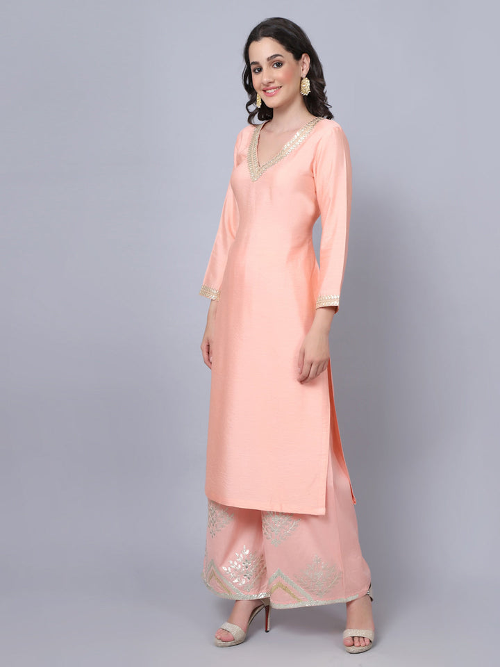 anokherang Combos Peach Shine Gota Kurti with Gota Palazzo and Dupatta