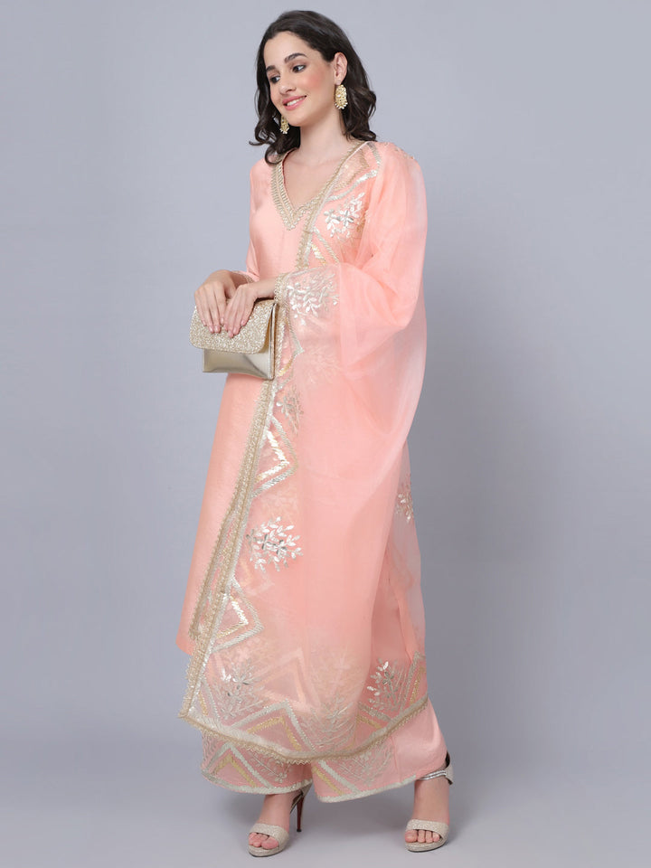 anokherang Combos Peach Shine Gota Kurti with Gota Palazzo and Dupatta