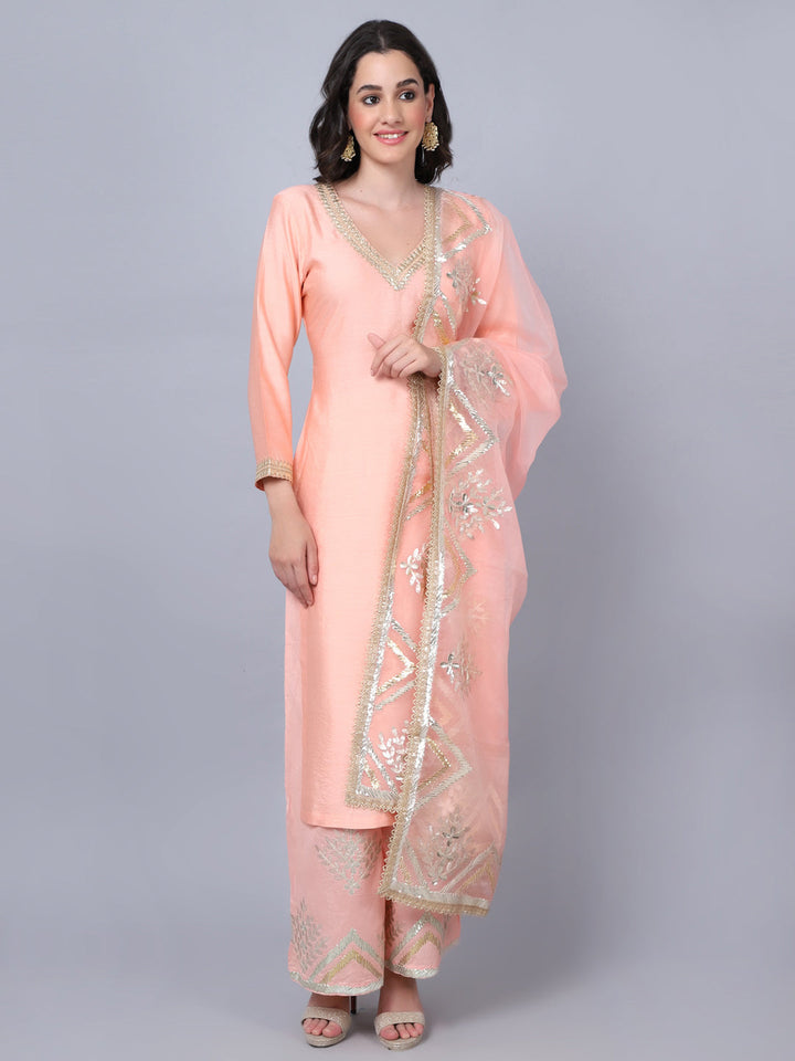anokherang Combos Peach Shine Gota Kurti with Gota Palazzo and Dupatta