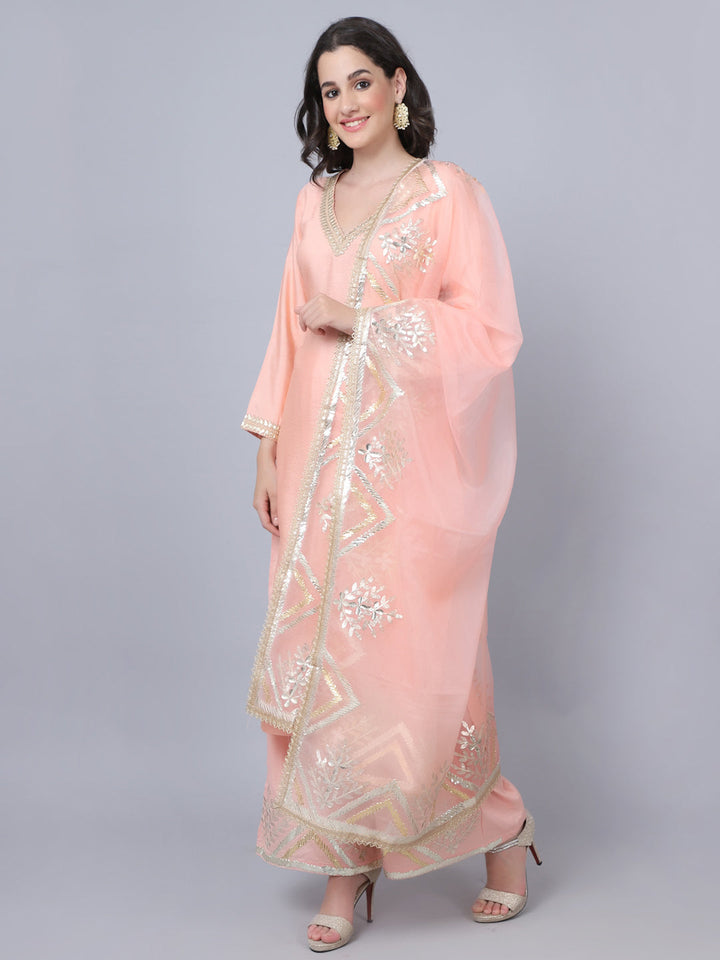 anokherang Combos Peach Shine Gota Kurti with Gota Palazzo and Dupatta