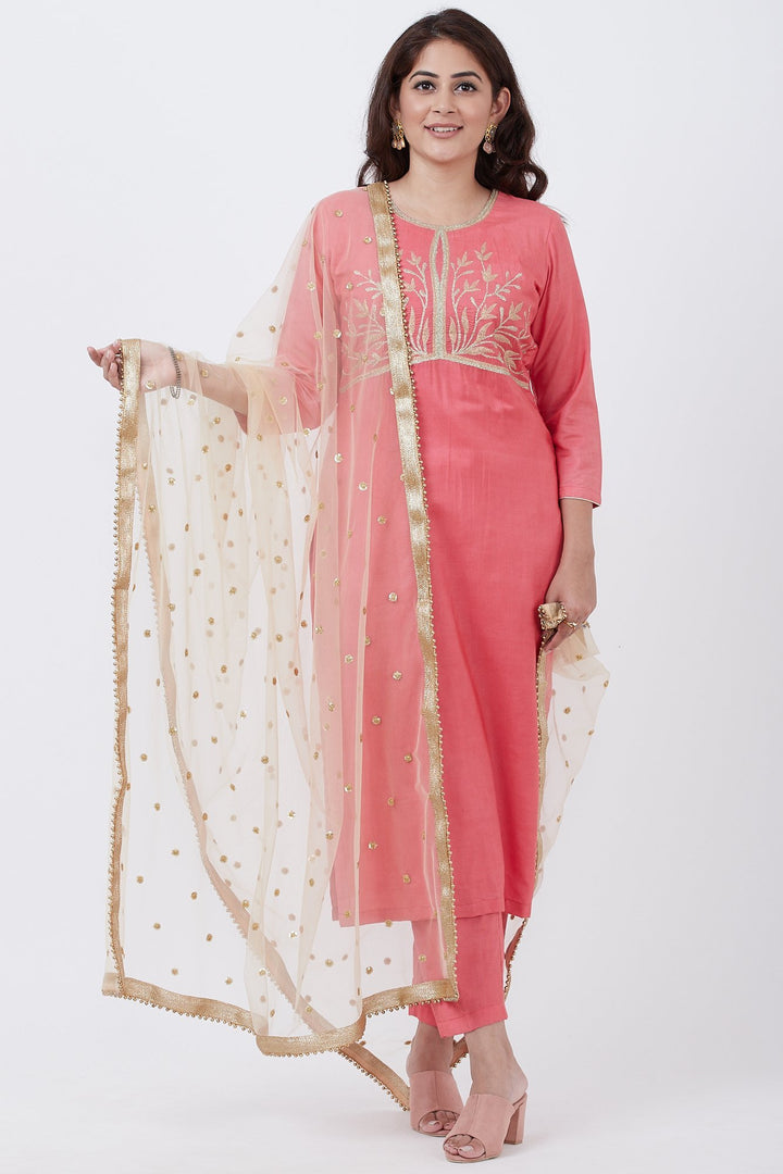 anokherang Combos Peach Silk Embroiderd Straight Kurti with Pants and Gold Net Sequins Dupatta