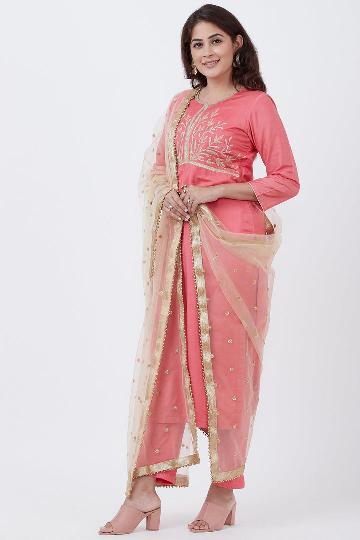 anokherang Combos Peach Silk Embroiderd Straight Kurti with Pants and Gold Net Sequins Dupatta