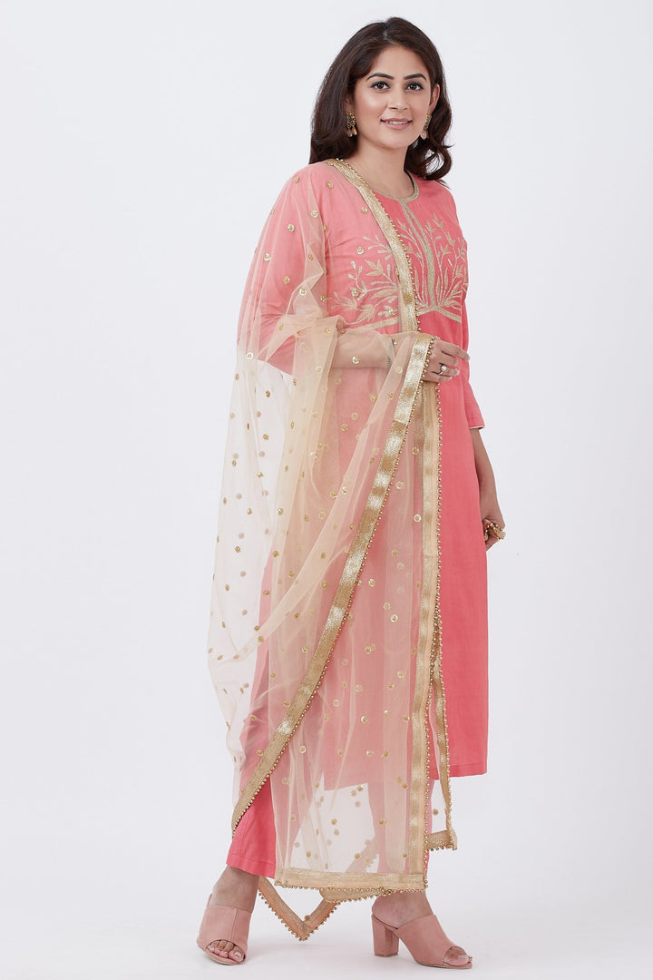 anokherang Combos Peach Silk Embroiderd Straight Kurti with Pants and Gold Net Sequins Dupatta