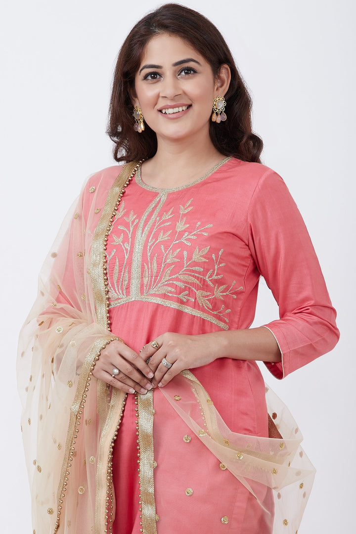 anokherang Combos Peach Silk Embroiderd Straight Kurti with Pants and Gold Net Sequins Dupatta