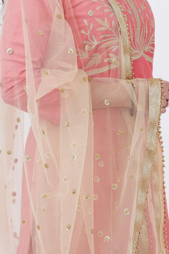 anokherang Combos Peach Silk Embroiderd Straight Kurti with Pants and Gold Net Sequins Dupatta
