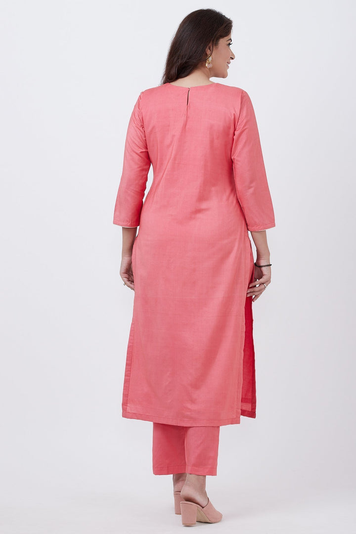 anokherang Combos Peach Silk Embroidered Straight Kurti with Pants and Gold Net Sequins Dupatta