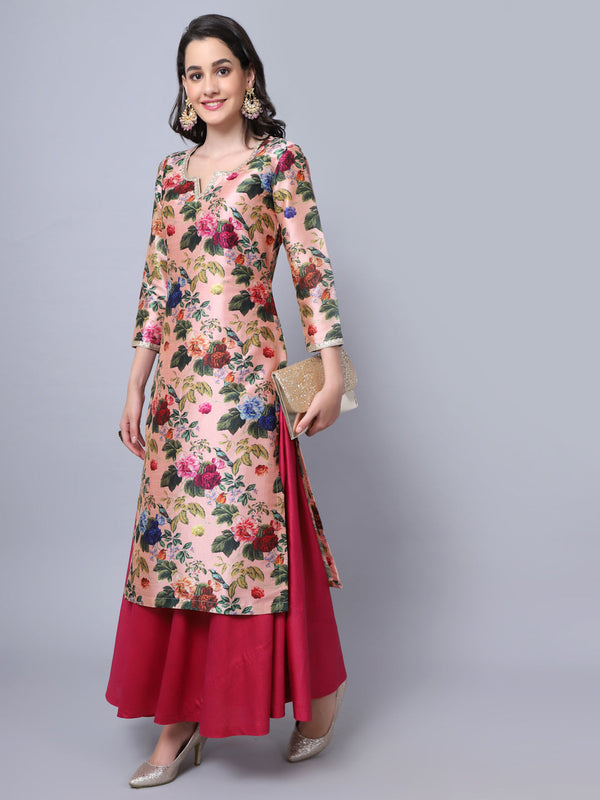 anokherang Combos Peach Wine Floral Floorlength