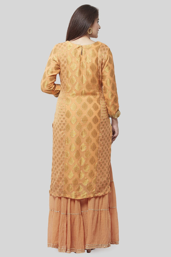 anokherang Combos Peachy Orange Banarsi Georgette Kurti with Gathered Sharara and Net Sequenced Dupatta