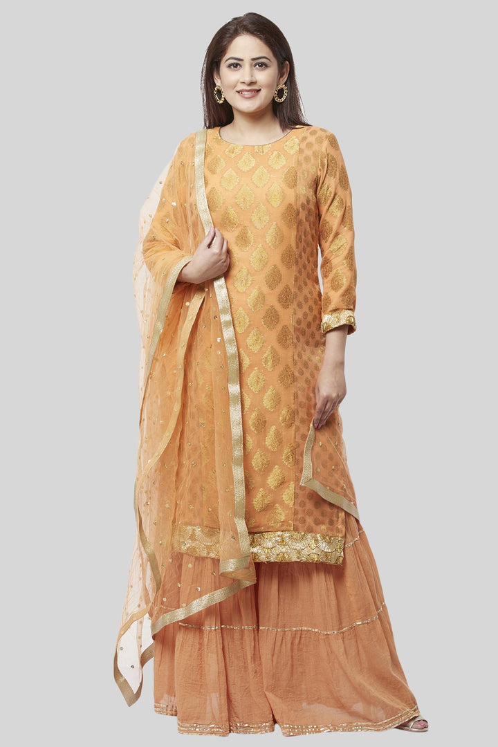 anokherang Combos Peachy Orange Banarsi Georgette Kurti with Gathered Sharara and Net Sequenced Dupatta