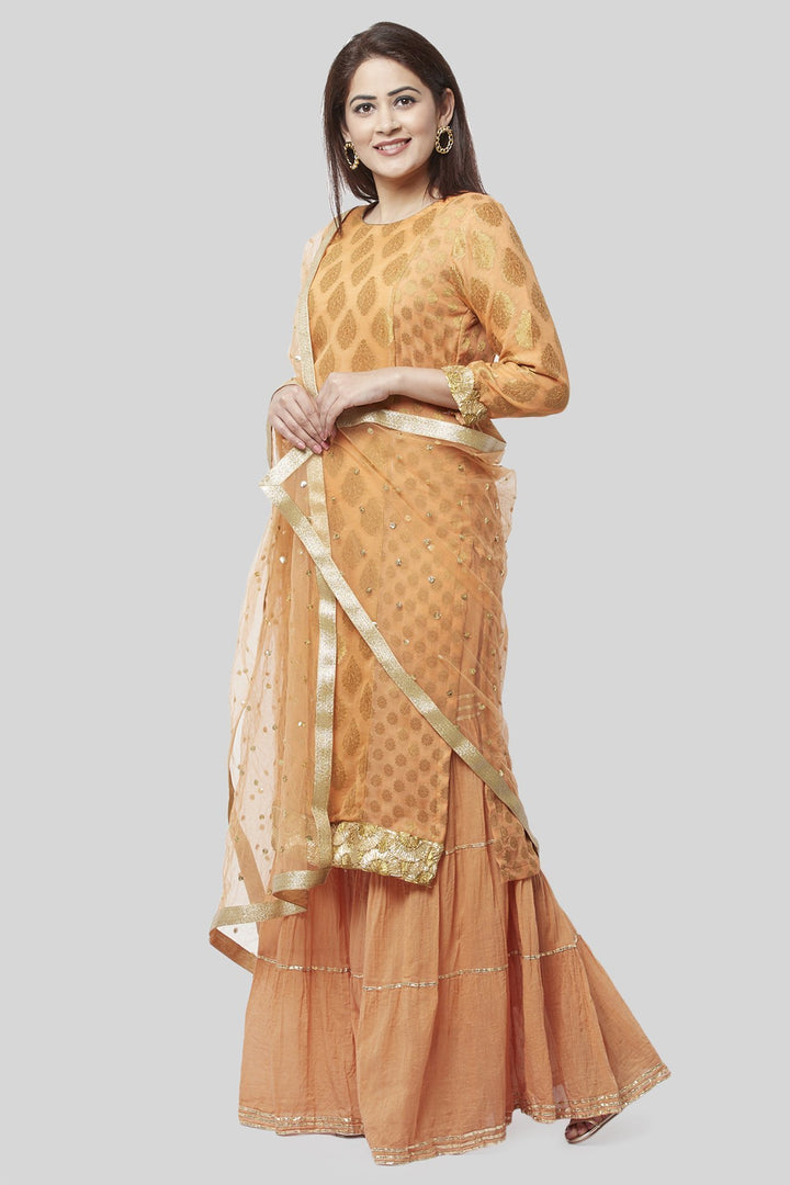 anokherang Combos Peachy Orange Banarsi Georgette Kurti with Gathered Sharara and Net Sequenced Dupatta