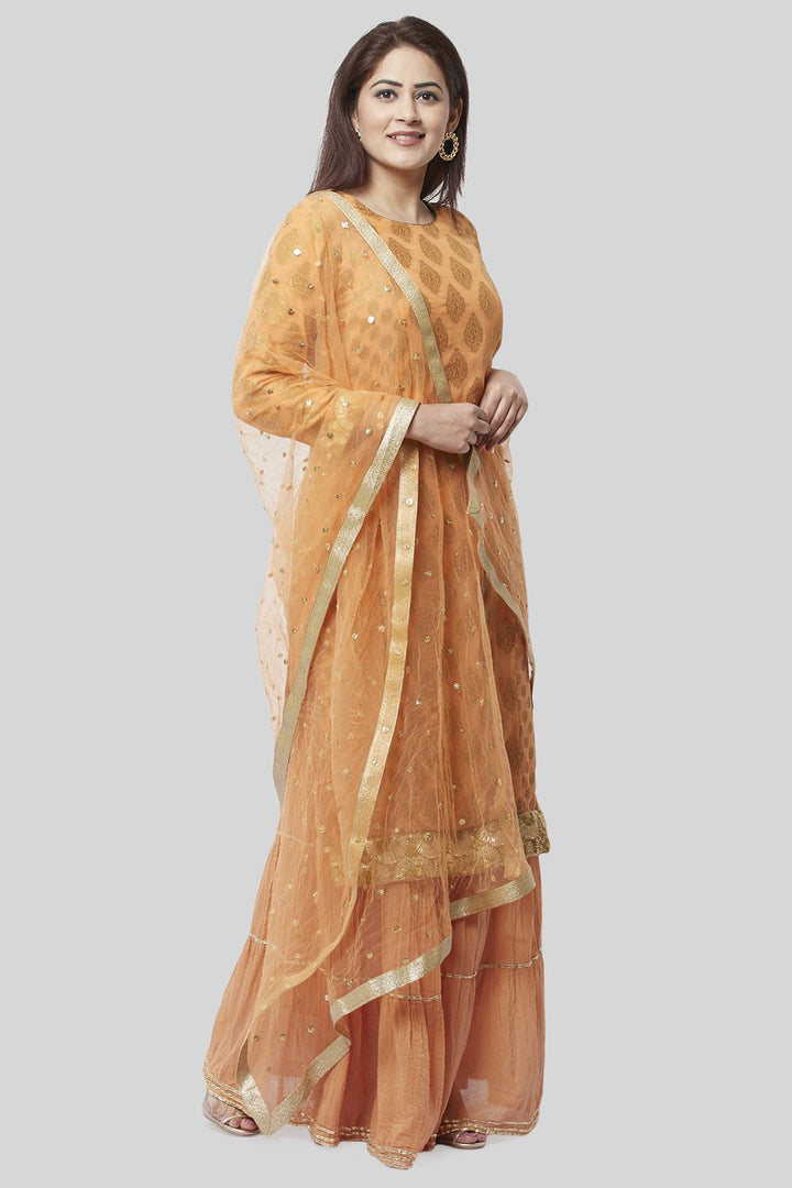 anokherang Combos Peachy Orange Banarsi Georgette Kurti with Gathered Sharara and Net Sequenced Dupatta