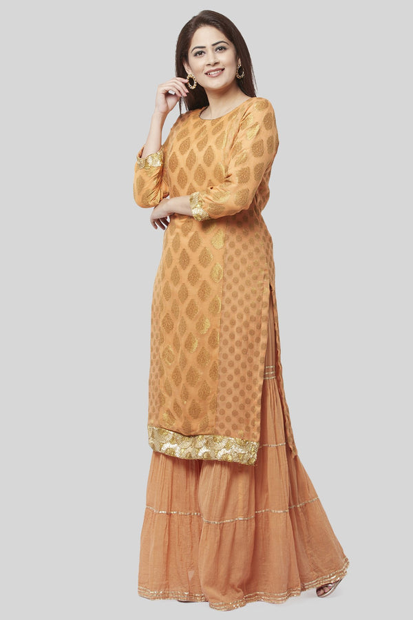 anokherang Combos Peachy Orange Banasri Georgette Kurti with Gathered Sharara