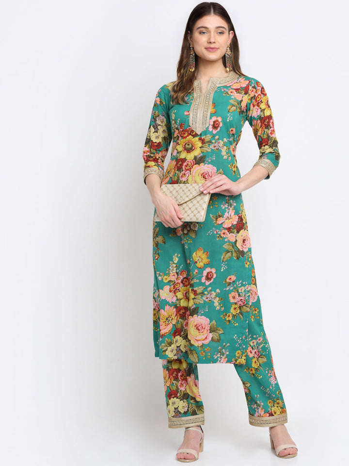 anokherang Combos Peacock Green Floral Kurti