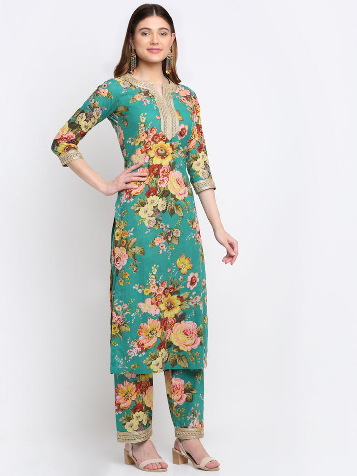 anokherang Combos Peacock Green Floral Kurti