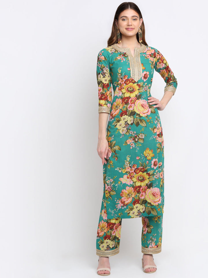 anokherang Combos Peacock Green Floral Kurti