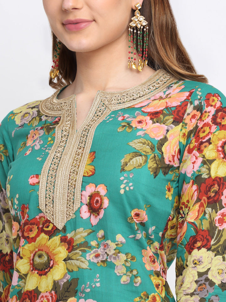 anokherang Combos Peacock Green Floral Kurti