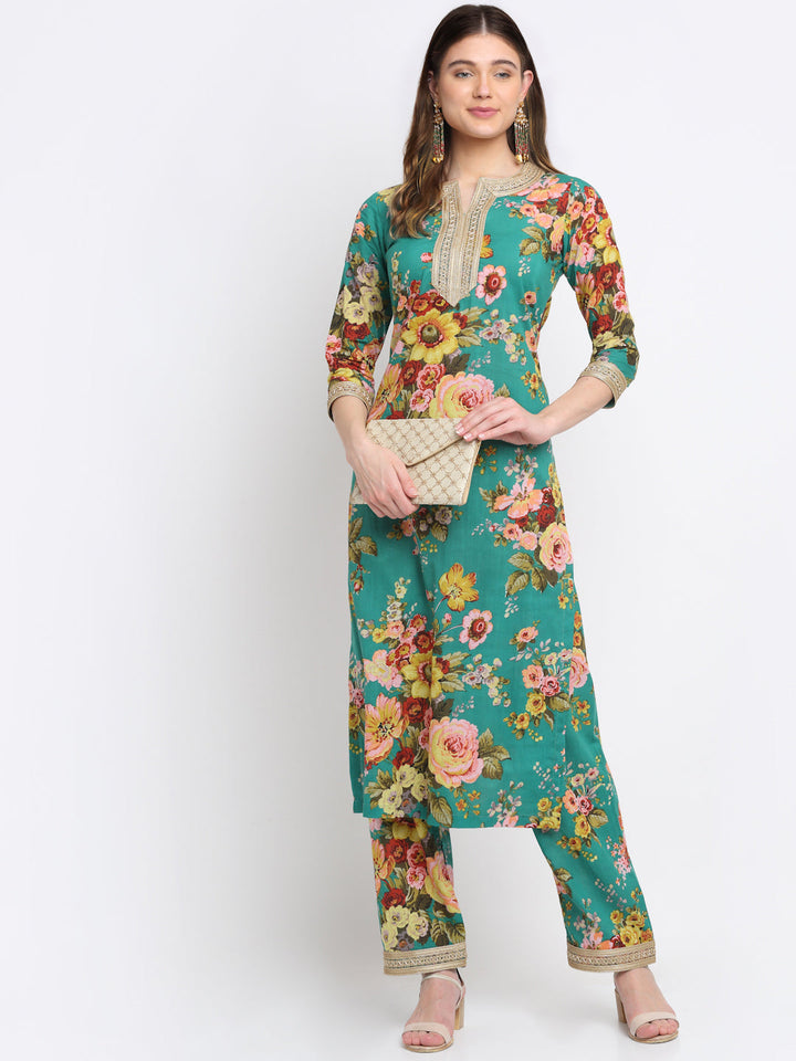 anokherang Combos Peacock Green Floral Kurti with Straight Palazzo Co-ord Set