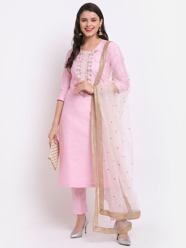 anokherang Combos Pearl Blush Embroidered Kurti with Straight Pant and Pearl Sequenced Net Dupatta