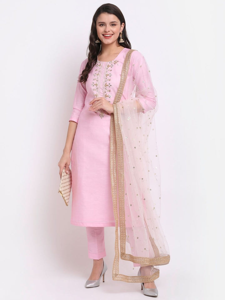 anokherang Combos Pearl Blush Embroidered Kurti with Straight Pant and Pearl Sequenced Net Dupatta