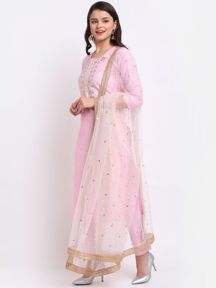 anokherang Combos Pearl Blush Embroidered Kurti with Straight Pant and Pearl Sequenced Net Dupatta