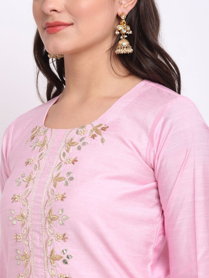 anokherang Combos Pearl Blush Embroidered Kurti with Straight Pant and Pearl Sequenced Net Dupatta