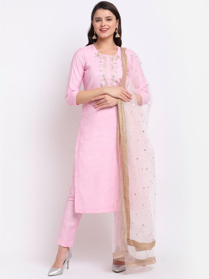 anokherang Combos Pearl Blush Embroidered Kurti with Straight Pant and Pearl Sequenced Net Dupatta