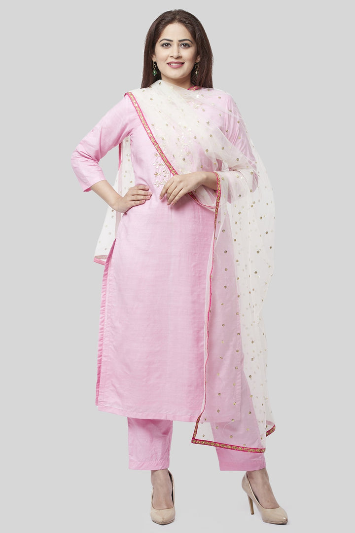 anokherang Combos Pearl Blush Embroidered Kurti with Straight Pants and Off-White Sequence Dupatta with Hot Pink Border