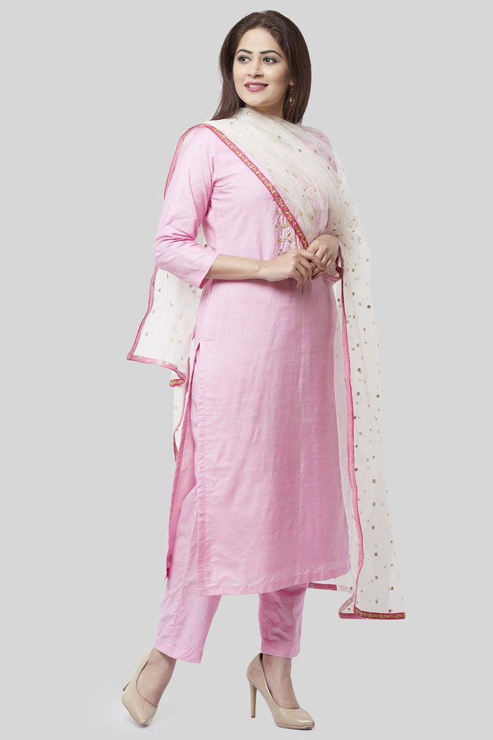 anokherang Combos Pearl Blush Embroidered Kurti with Straight Pants and Off-White Sequence Dupatta with Hot Pink Border