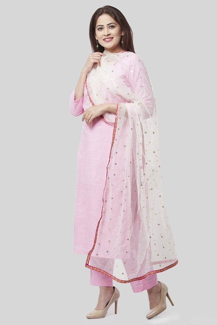 anokherang Combos Pearl Blush Embroidered Kurti with Straight Pants and Off-White Sequence Dupatta with Hot Pink Border