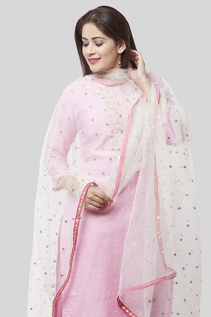 anokherang Combos Pearl Blush Embroidered Kurti with Straight Pants and Off-White Sequence Dupatta with Hot Pink Border
