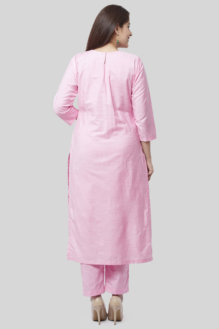 anokherang Combos Pearl Blush Embroidered Kurti with Straight Pants and Off-White Sequence Dupatta with Hot Pink Border