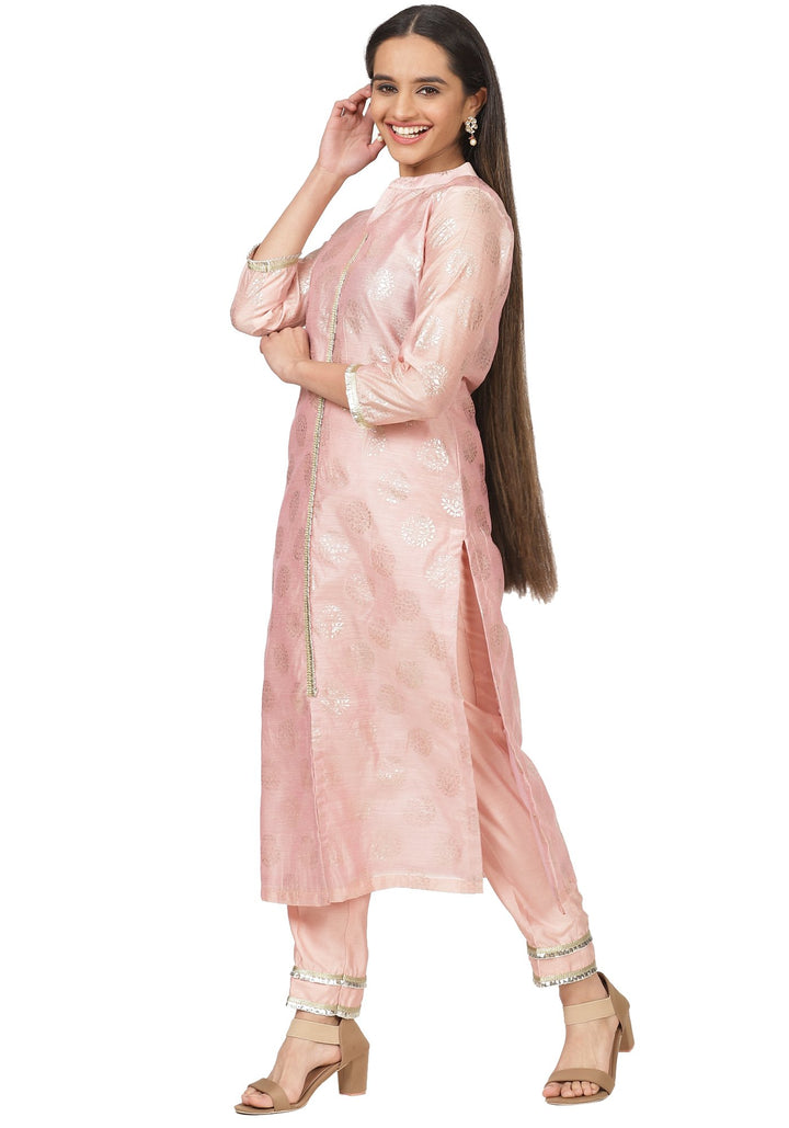 anokherang Combos Pearl Pink Chanderi Foil Printed Kurti with Straight Pants
