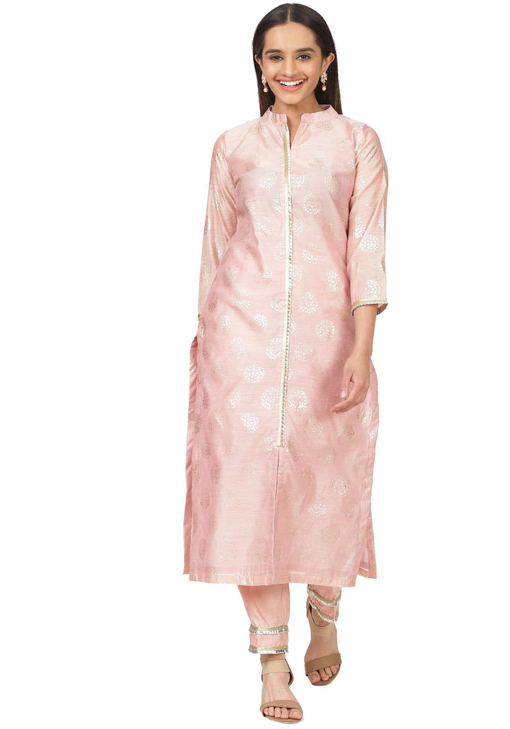 anokherang Combos Pearl Pink Chanderi Foil Printed Kurti with Straight Pants