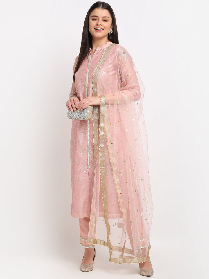 anokherang Combos Pearl Pink Chanderi Foil Printed Kurti with Straight Pants and Pearl Dupatta