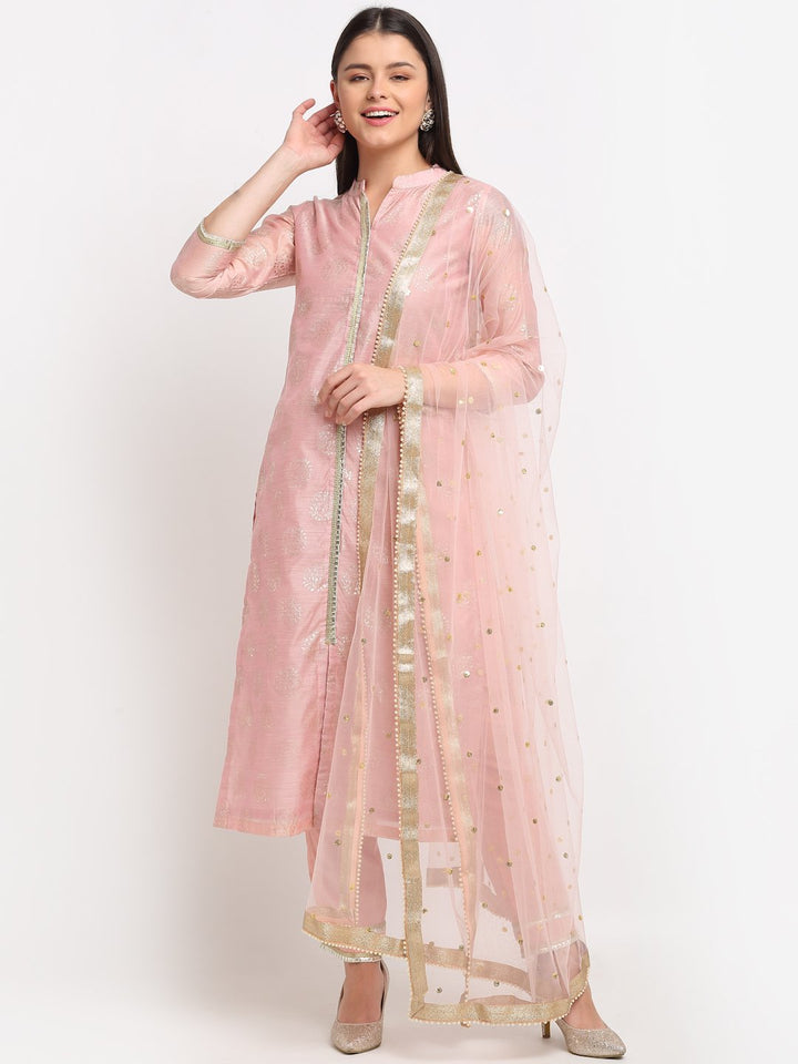 anokherang Combos Pearl Pink Chanderi Foil Printed Kurti with Straight Pants and Pearl Dupatta