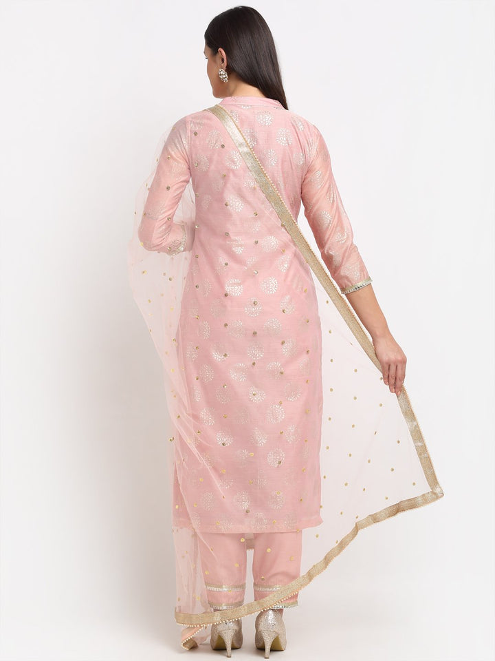 anokherang Combos Pearl Pink Chanderi Foil Printed Kurti with Straight Pants and Pearl Dupatta
