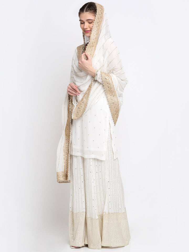 anokherang Combos Pearl White Mirror Embroidered Georgette Short Kurti with Kalidar Palazzo and Sequin Embroidered Georgette Dupatta