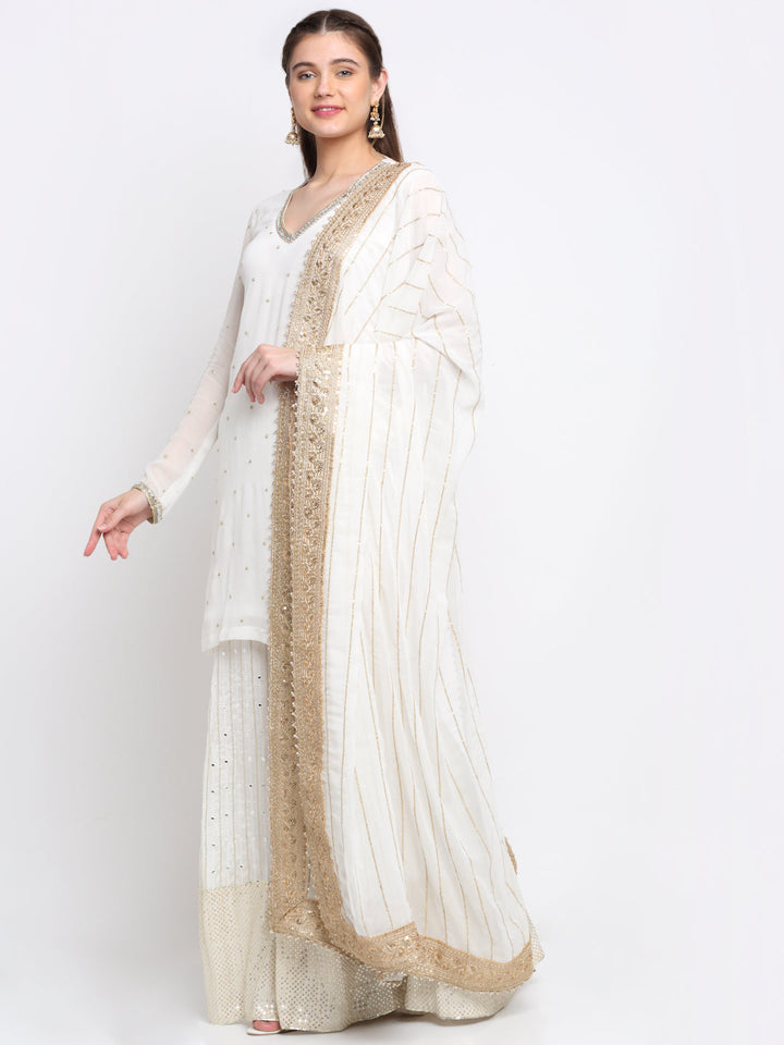 anokherang Combos Pearl White Mirror Embroidered Georgette Short Kurti with Kalidar Palazzo and Sequin Embroidered Georgette Dupatta