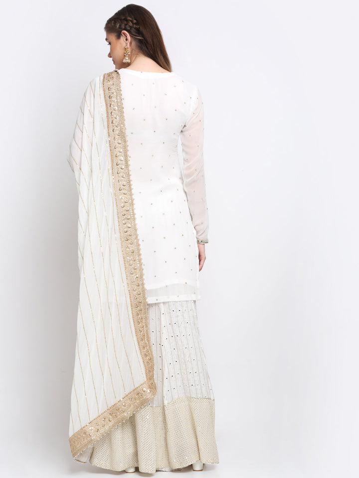 anokherang Combos Pearl White Mirror Embroidered Georgette Short Kurti with Kalidar Palazzo and Sequin Embroidered Georgette Dupatta