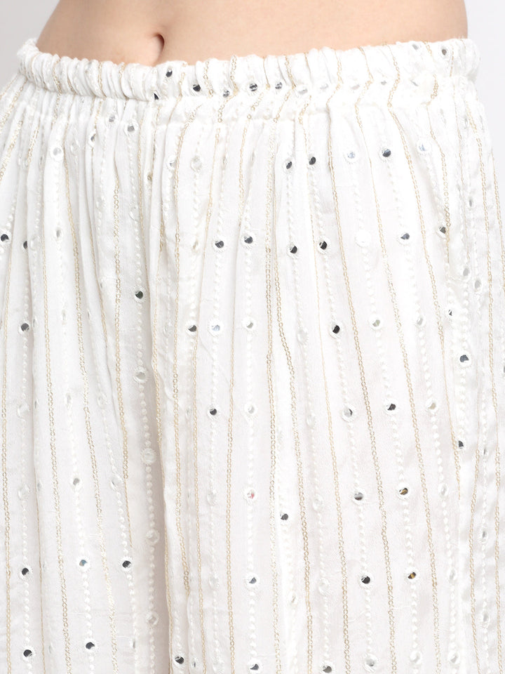 anokherang Combos Pearl White Mirror Embroidered Georgette Short Kurti with Kalidar Palazzo and Sequin Embroidered Georgette Dupatta