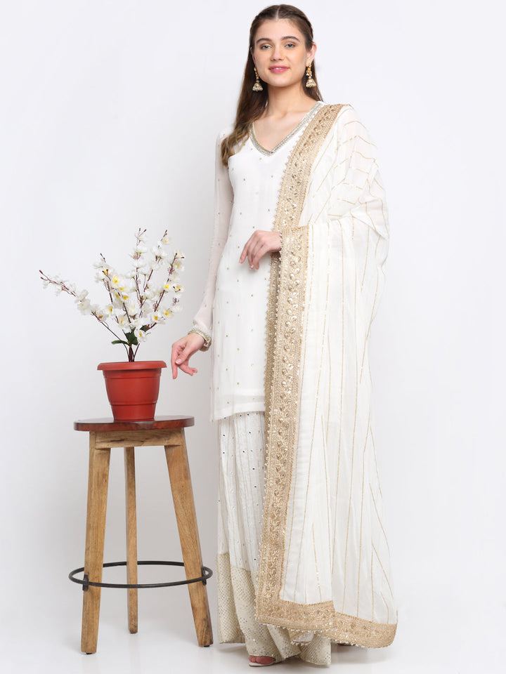 anokherang Combos Pearl White Mirror Embroidered Georgette Short Kurti with Kalidar Palazzo and Sequin Embroidered Georgette Dupatta