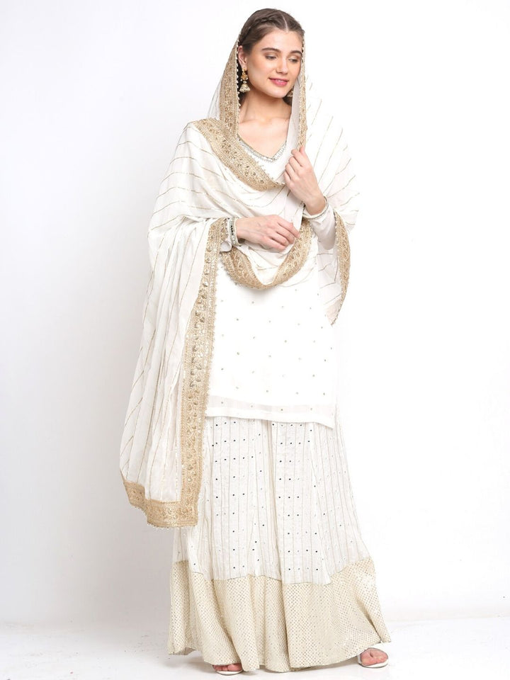 anokherang Combos Pearl White Mirror Embroidered Georgette Short Kurti with Palazzo and Sequin Embroidered Georgette Dupatta