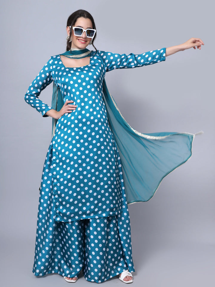 anokherang Combos Peppy Blue Polka Kurti with Gathered Palazzo and Dupatta