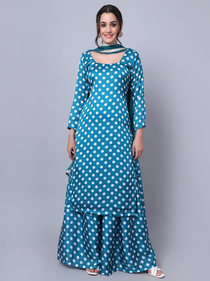 anokherang Combos Peppy Blue Polka Kurti with Gathered Palazzo and Dupatta
