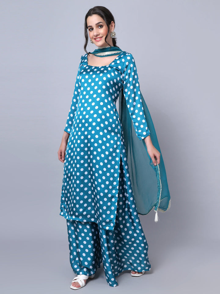 anokherang Combos Peppy Blue Polka Kurti with Gathered Palazzo and Dupatta